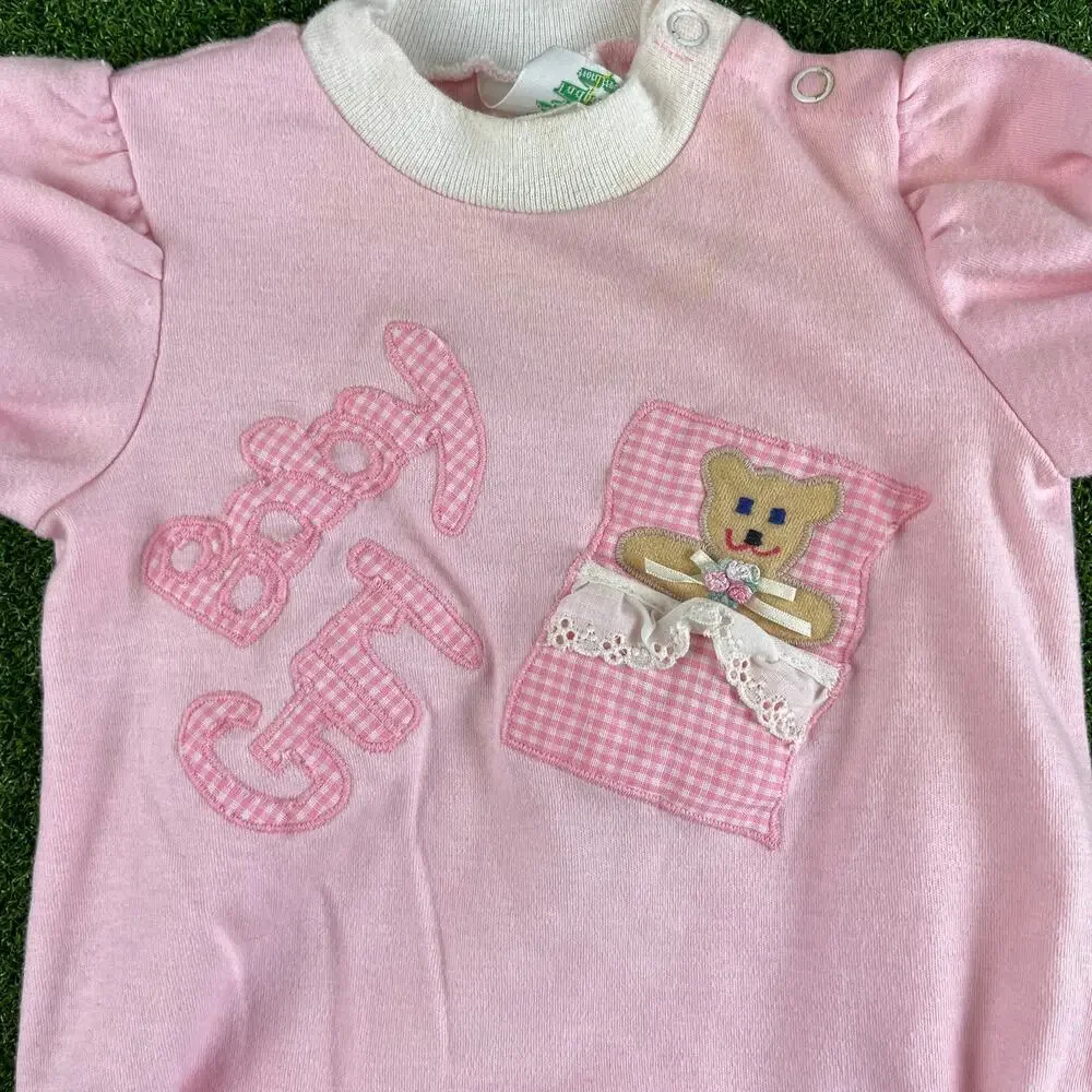 Vintage 1990s Tadpoles Baby Girl Teddy Bear Pink Romper Sz 6M